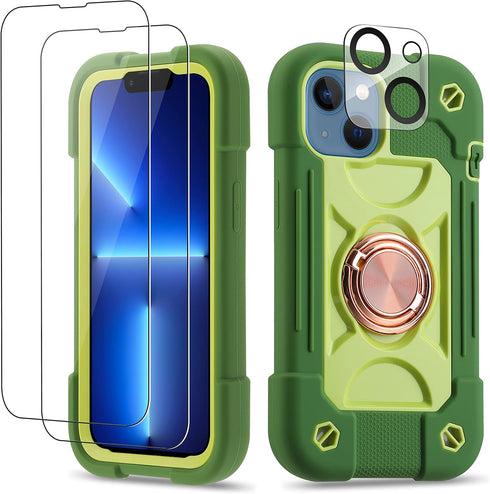 iPhone 14 & 13 Case, Avocado, Heavy-Duty Shockproof Military Grade Rugged Cover with Ring Stand and Screen Protectors