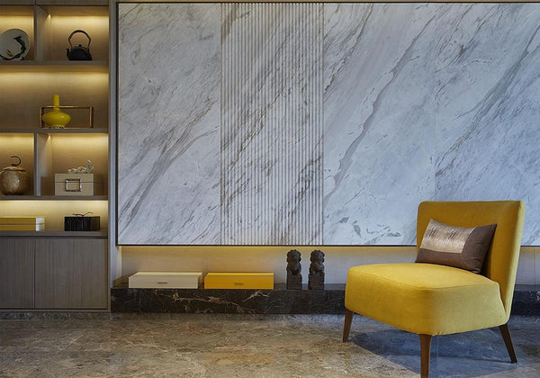 SHDASMIL Luxury Marble Wall Interior Backdrop Yellow Accent Chair Elegant Shelf Background Modern