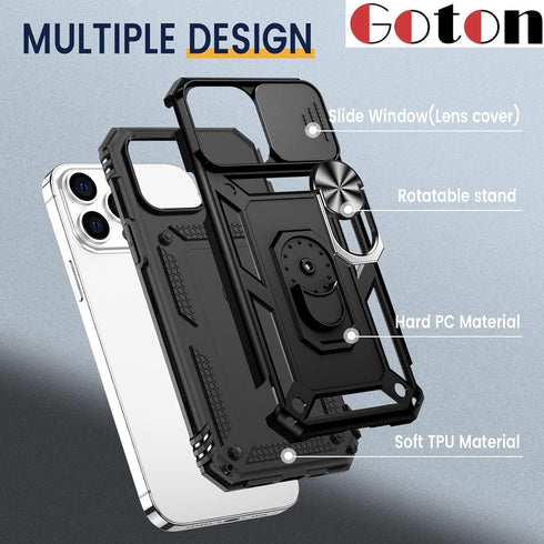 iPhone 13 Pro Max Case with Slide Camera Cover & 360° Rotate Ring Stand, Military Drop Protection, Black