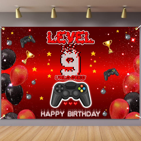 Level 9 Unlocked Backdrop Banner Decorations for Video Game Happy 9th Birthday for Boys Kids
