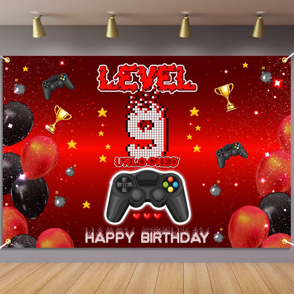 Level 9 Unlocked Backdrop Banner Decorations for Video Game Happy 9th Birthday for Boys Kids