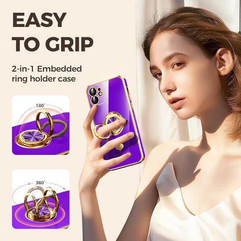 Nonional 11 2 Pack 360 11 Compatible for iPhone Case with Screen Protector, Rotatable Ring Holder [Luxury Hearts