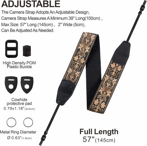 Padwa Lifestyle Camera Strap, 2" Wide Vintage Jacquard Embroidery Flower Strap with Genuine Leather Head