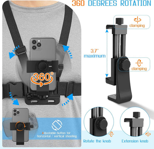 Phone Chest Strap Mount for POV/VLOG Videos, Chest Harness Holder Compatible with iPhone 13 12 11Pro Max Plus,Samsung,GoPro Hero 9, 8, 7, 6,AKASO,Action Camera and Cell Phone Video Shoot Accessories