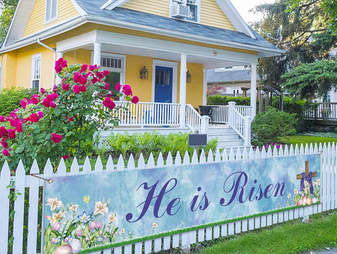 He is Risen Fence Banner, Easter Christian Cross Lily Eggs Religious Party Photo Booth Outdoor Decoration
