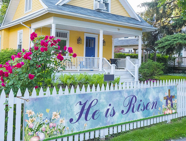 He is Risen Fence Banner, Easter Christian Cross Lily Eggs Religious Party Photo Booth Outdoor Decoration