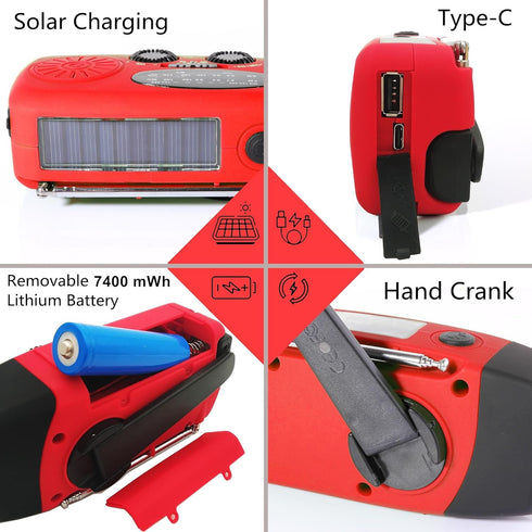 2000mAh SOS Alarm Emergency AM FM Weather Radio, Portable Hand Crank Solar Battery Operated