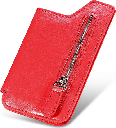 Phone Wallet Stick On, Flip PU Leather Card Holder with Zipper Closure Coin Pocket, Magnetic Closure for