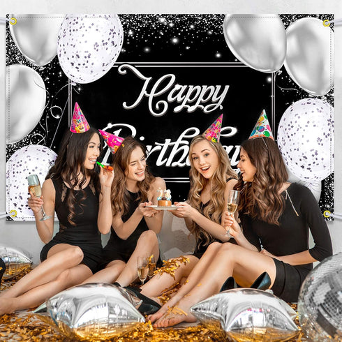 Happy Birthday Backdrop Banner | Black and Silver Photography Background | Large Party Sign Poster for Men and Women