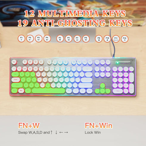 Typewriter Style Keyboard, 104 Keys USB Wired Retro with Metal Panel, Rainbow LED Backlit, Spill Resistant for