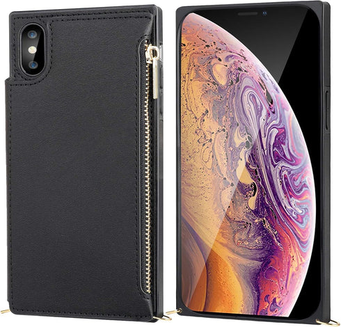 Bocasal Crossbody Wallet Case for iPhone X Xs, Card Holder, Zipper Card Slot Protector, Shockproof Purse Cover with