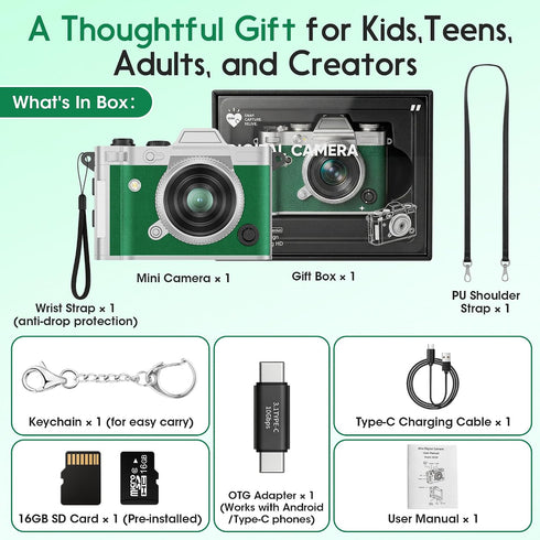 Dienspeak Y2K 2K 16GB Pocket Mini Camera, Retro Keychain Digital Camera with Leather Body, Small Portable HD Video