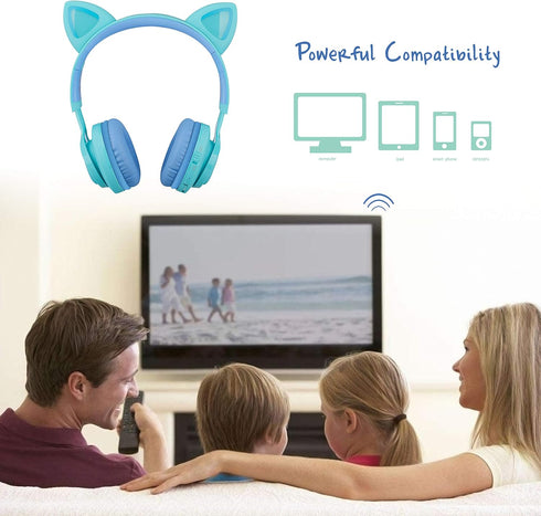 Riwbox Kids Headphones, CT-7S Cat Ear Bluetooth Headphones, 85dB Volume Limiting, LED Light Up Over Ear with Microphone