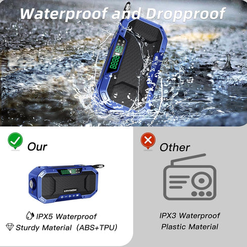 Portable NOAA AM FM Bluetooth Emergency Weather Radio, Hand Crank Solar, 5000mAh Battery, Waterproof, Flashlight, Phone