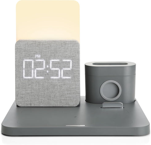 6 in 1 Fast Charging Station, 10W Wireless Charger with Alarm Clock and Night Light, Compatible with iPhone