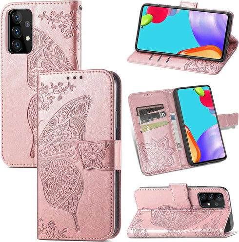 Wallet Case for Galaxy A52 4G/5G, PU Leather Flip Cover with Wrist Strap, Cash Credit Card Slots, Emboss Butterfly
