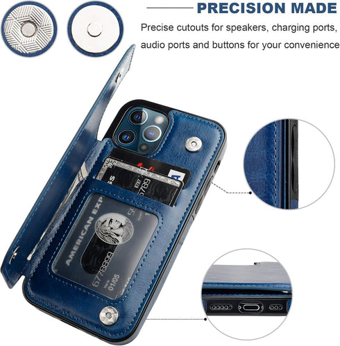 ONETOP Wallet Case for iPhone 12 and iPhone 12 Pro, PU Leather Kickstand with Card Holder, Shockproof Cover, Blue