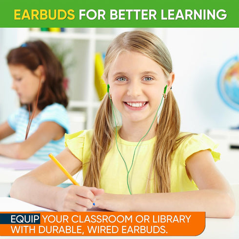 10 Pack Multi Color Kid's Wired Earbud Headphones, Disposable & Individually Bagged, Perfect for Schools & Libraries.