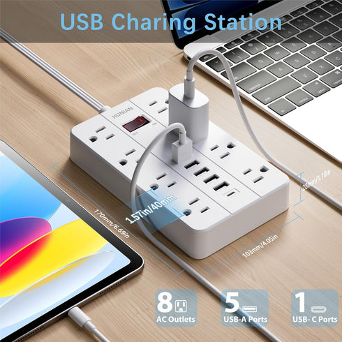 HUNIAN 5 8 6 (1 Power Strip with USB, Flat Plug Extension Cord Surge Protector Ft, Power Strip with Widely Spaced