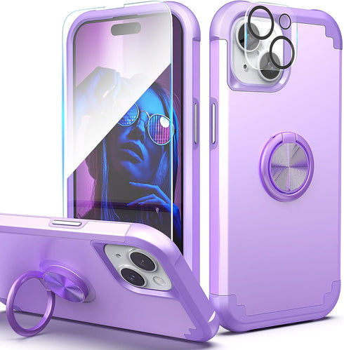 IDweel iPhone 13 Case: Purple 2-in-1 Shockproof Cover with Screen Protector, 360° Ring Holder, & Camera Lens Protector.