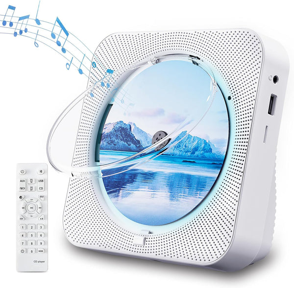 Portable Bluetooth 5.1 Desktop CD Player with HiFi Sound Speakers, Remote Control, FM Radio, White