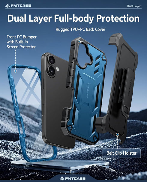 FNTCASE 17 6.3 inch-Blue for iPhone Phone Case: Military Grade Rugged Cell Phone Cover with Kickstand & Holster |