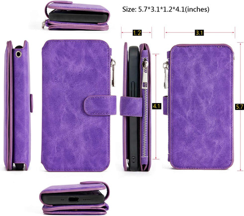 MODOS LOGICOS Detachable Wallet Folio Compatible with iPhone 12 Mini, Purple PU Leather Purse with Zipper