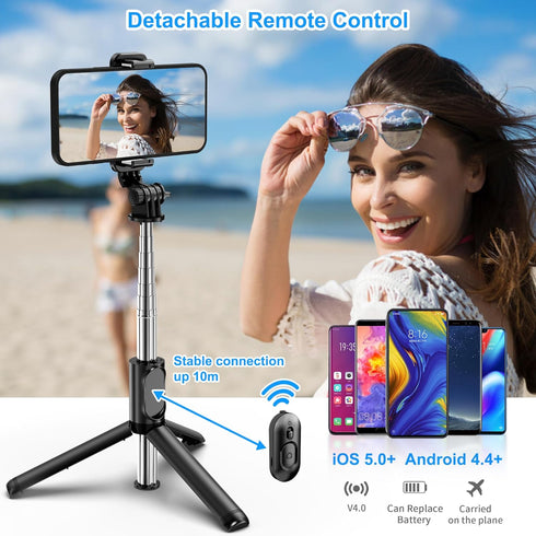 SelfieShow Extendable Selfie Stick Tripod with Wireless Remote and Stand, Portable, Lightweight for iPhone 15 14 13 12