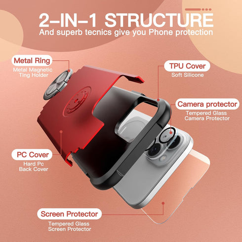 IDweel iPhone 15 Plus Case: 2-in-1 Shockproof Cover with Screen Protector, 360° Ring Holder, Camera Lens Protector, Red.