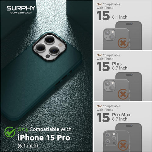 SURPHY Designed for iPhone 15 Pro Leather Case with Screen Protector Compatible with MagSafe, Faux Leather Case (Metallic Buttons & Microfiber Lining) for 15 Pro 6.1 inch 2023, Forest Green
