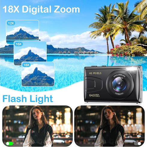 KANORLEEY 4K Cards-64MP YouTube,2.8" Focus,18X Zoom,10 Digital Camera Without SD Vlogging Camera for IPS Screen,Auto