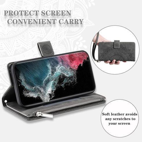 Asuwish Wallet Case for Samsung Galaxy S22 Ultra 5G - Grey Mandala Flower, Zipper Card Holder & Screen Protector.