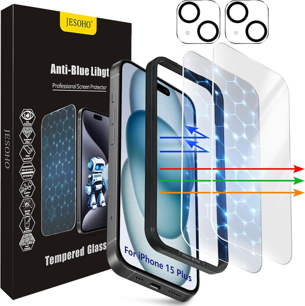 Screen Protector for iPhone 15 Plus 6.7 inches, 2 pcs Colorless Anti-Blue Light Tempered Glass, HD Clear, Case Friendly