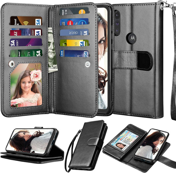 Njjex for Moto E Case 2020, Luxury PU Leather Wallet Case 6.2" with 9 Card Slots, Detachable Kickstand