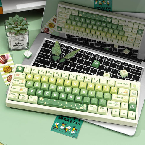 PBT Keycaps 133 Keys Gradient Green Keycaps, Dye Sublimation Cute Anime Keycaps XDA Profile for Mechanical Keyboards