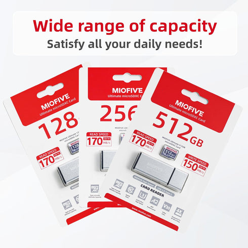 Miofive Memory Card, Ultimate Micro SD Card with USB 3.0 Type-C Reader, 170MB/s, C10, U3, A2, V30, 256GB
