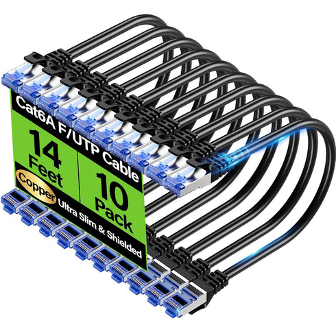 TuokaJu Cat6A Ethernet Cable Shielded 10Gbps 14 ft (10 Pack), Slim Shielded (F/UTP)