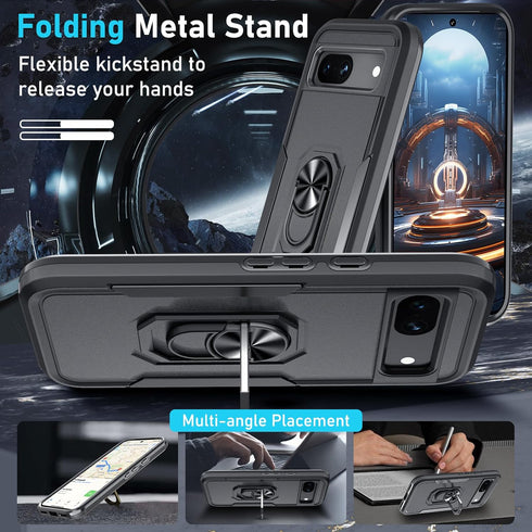 for Google Pixel 8a Case with Screen Protector + Camera Lens Protector,Heavy Duty Shockproof Full Body Protective Cover Built in Rotatable Metal Ring Holder Kickstand,2024 Black Matte