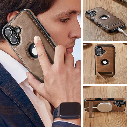 C Casus 17 6.3 Inch (2025), Casus for iPhone Case with MagSafe, Slim Kickstand Vegan Leather Protective Cover