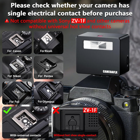 CAMEDAFLX CF1 GN15,7 GR3/Canon/Nikon/Sony ZV1/Fuji/Mini Mini Camera Flash Aluminum Camera Flash Power Levels Hot Shoe