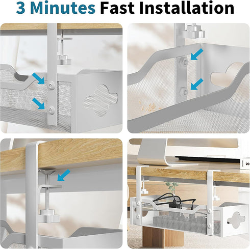 Under Desk Cable Management Tray 2 Pack, No Drill Cable Management Under Desk, Desk Cable Organizer with Clamp for