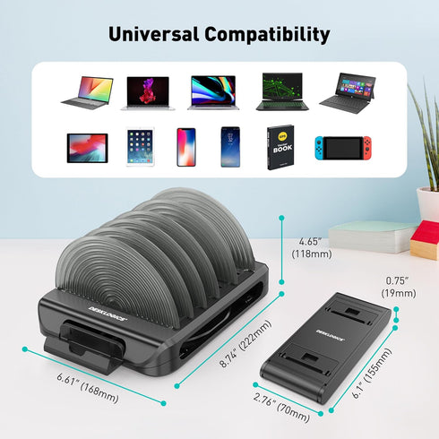 Vertical Laptop Stand for Desk, Adjustable Multi-Device Organizer with 6 Dividers, Removable Phone Stand, Black