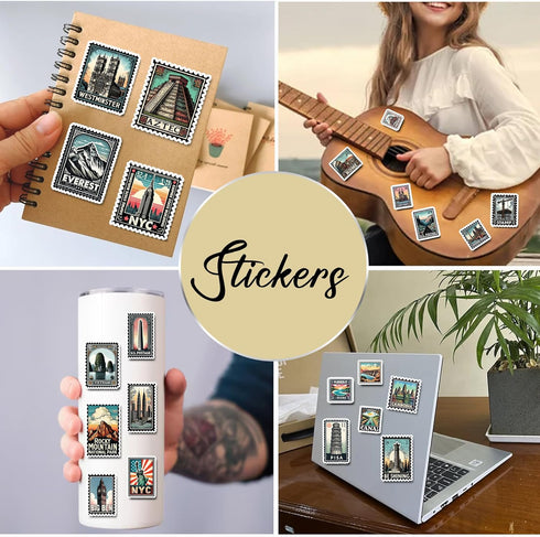Pack 50 PCS Stamp Sticker Print Envelopes, Waterproof Vinyl Decals Vintage Items for Kids Teens Adults, Labels for