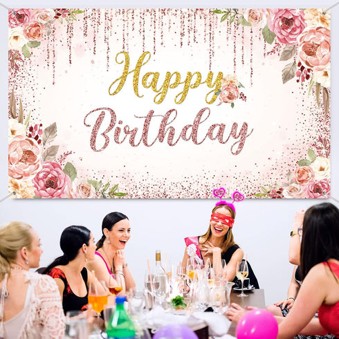 Happy Birthday Backdrop Decorations for Women, Rose Gold Floral Glitters Banner Party Supplies for Girls Boys