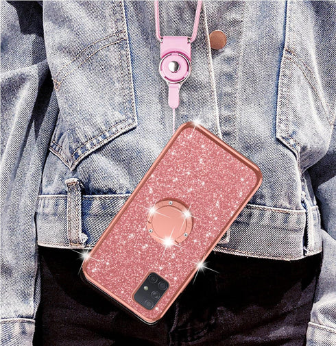 nancheng Cute Girls Women Glitter Silicone Phone Case for Samsung Galaxy A71 5G with Ring Stand Strap Lanyard - Rose
