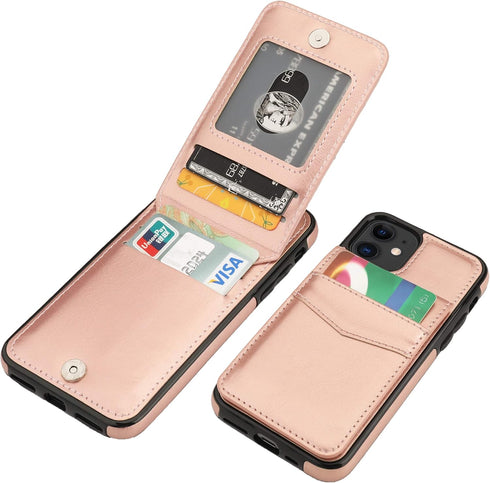 KIHUWEY iPhone 11 Case Wallet with Credit Card Holder, Premium Leather, Magnetic Clasp, Heavy Duty Cover (Rose Gold)