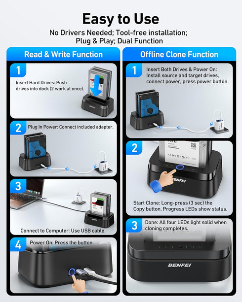 BENFEI 2.5/3.5" 5Gbps Hard Drive Docking Station with UASP Offline Clone Function, USB C Dual Bay Dock for HDD SSD, Up