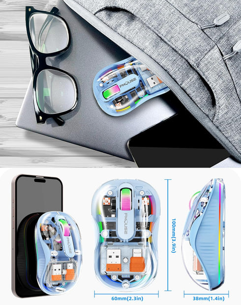 Unique Transparent Bluetooth Mouse with USB & Type-C Receivers, Small Portable Wireless Rechargeable Mice for MacBook,