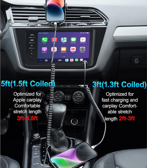 Apple MFi Certified iPhone Charger Cable for Car (3FT/5FT) - 2Pack Coiled Lightning Cord for iPhone 14/13/12/11 Pro