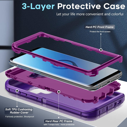 LeYi Purple Case for Samsung S9, 3 in 1 Full Body Shockproof Rubber Dustproof Rugged Protection Phone Cover